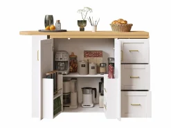 Discount Merax Mueble bar de cocina extensible con ruedas - 135-228 x 39 x 104 cm - con 2 puertas + 3 cajones - MDF + metal - Blanco