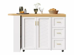 Discount Merax Mueble bar de cocina extensible con ruedas - 135-228 x 39 x 104 cm - con 2 puertas + 3 cajones - MDF + metal - Blanco