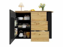 Merax Mueble bar extensible - 138-204 x 39 x 104 cm - Mesa de comedor giratoria 360° - con 1 puerta + 3 cajones - MDF -