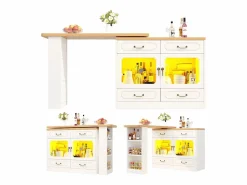 New Mueble bar extensible - 135/203 x 39 x 92,8 cm - mesa giratoria con LED + 4 cajones - MDF - Mueble Bar