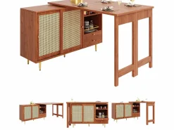 Merax Mueble bar giratorio - 2 puertas, cajones y estantes de almacenaje - MDF y efecto ratán - Marrón