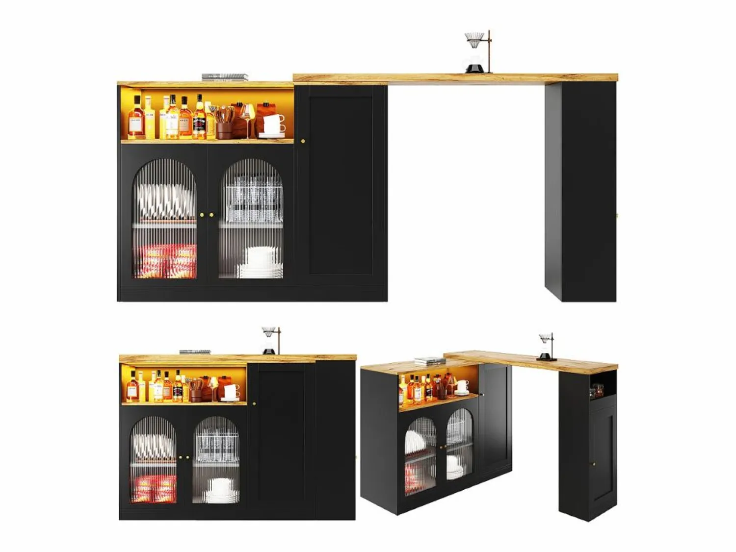 Merax Mueble Bar Giratorio - 4 Puertas y Estantes de Almacenamiento - LEDs - Madera MDF - y Natural