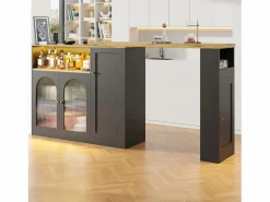 Merax Mueble Bar Giratorio - 4 Puertas y Estantes de Almacenamiento - LEDs - Madera MDF - y Natural