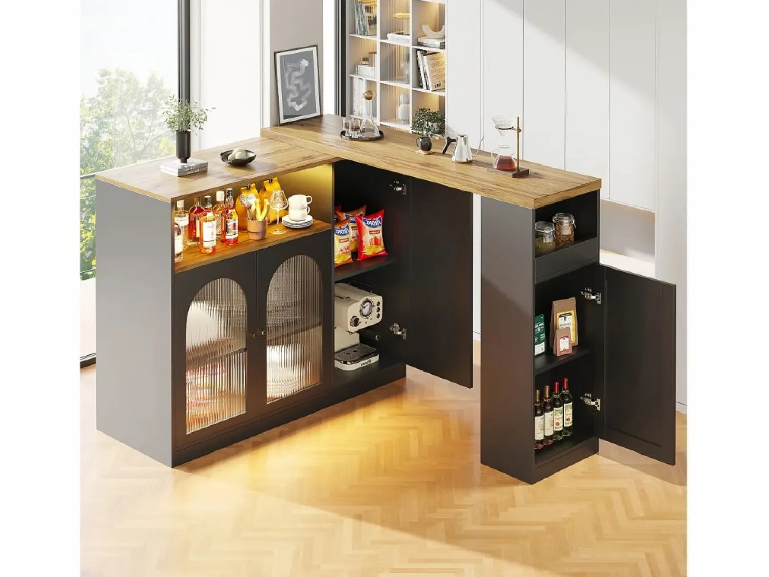 Merax Mueble Bar Giratorio - 4 Puertas y Estantes de Almacenamiento - LEDs - Madera MDF - y Natural