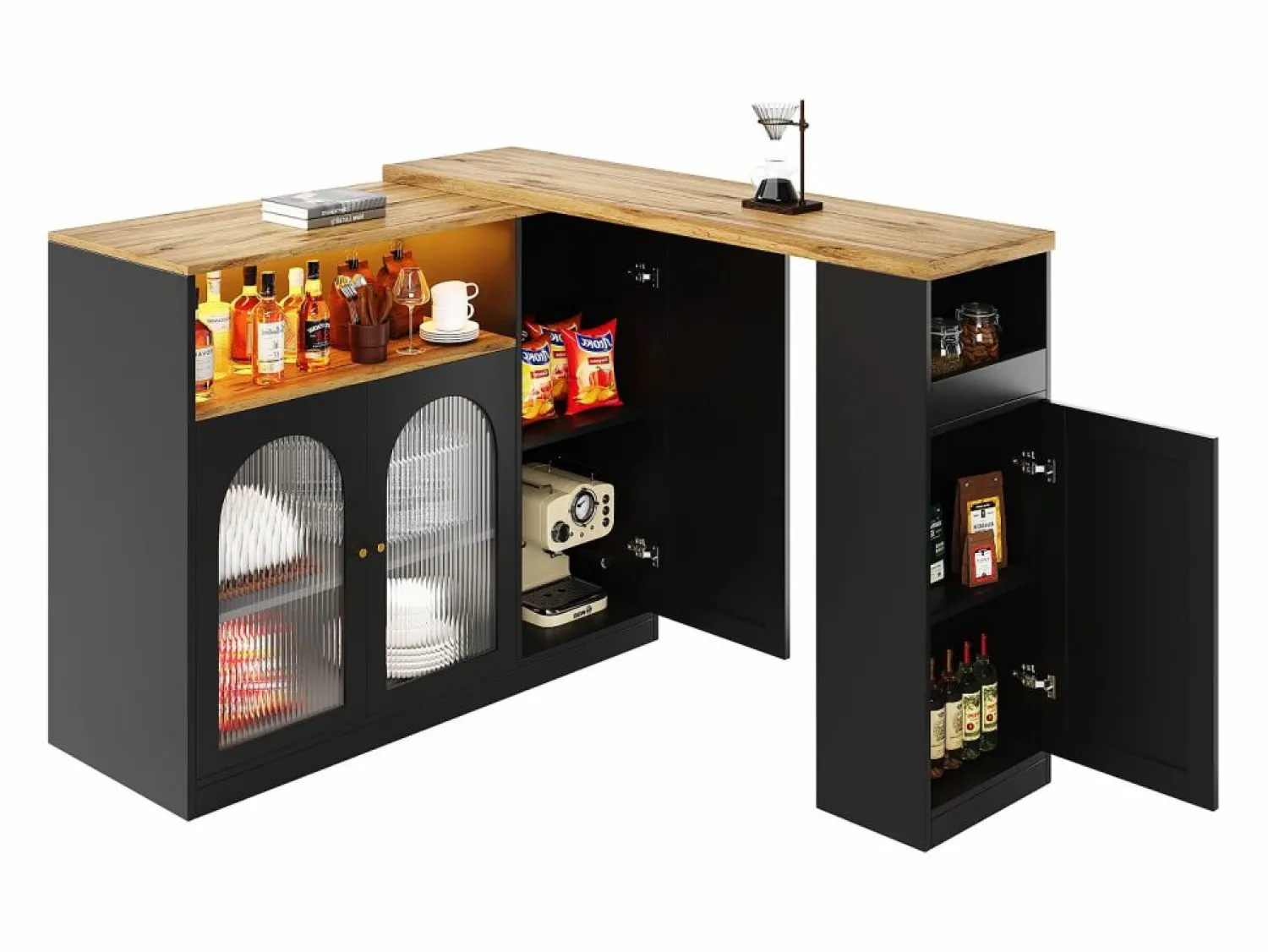 Merax Mueble Bar Giratorio - 4 Puertas y Estantes de Almacenamiento - LEDs - Madera MDF - y Natural