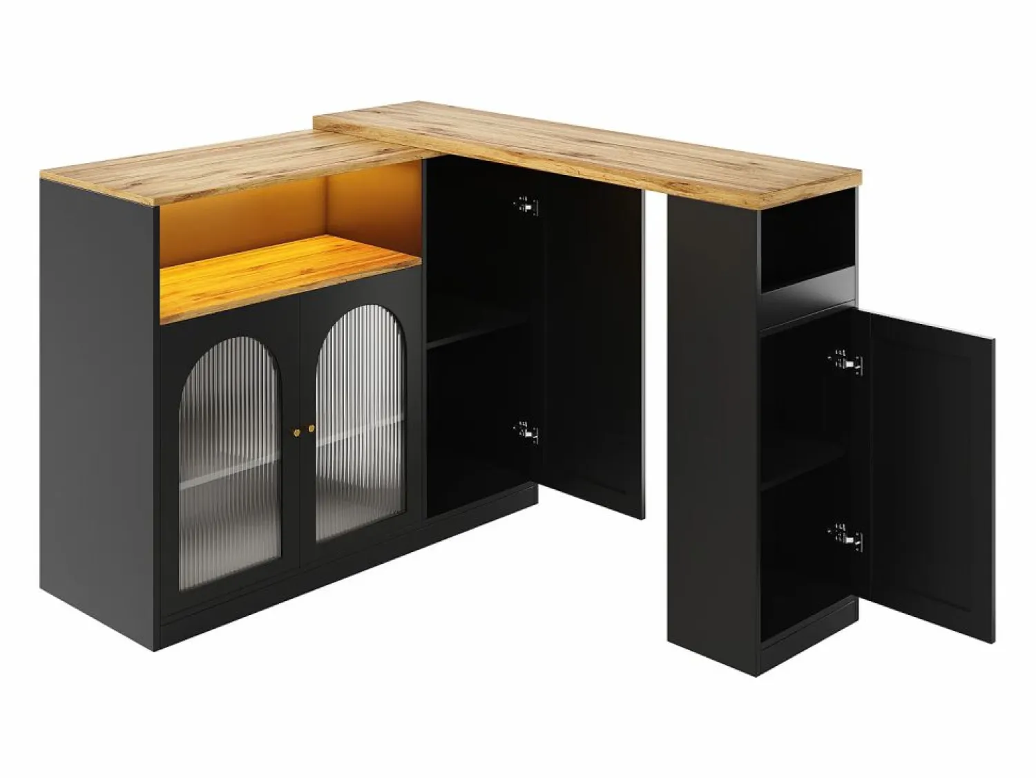 Merax Mueble Bar Giratorio - 4 Puertas y Estantes de Almacenamiento - LEDs - Madera MDF - y Natural