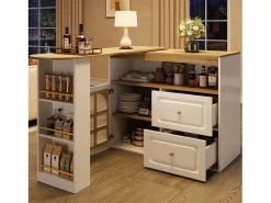 Mueble bar giratorio - Mesa de bar extensible con 2 cajones y 1 puerta de cristal - almacenamiento abierto -