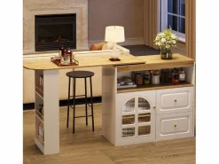 Mueble bar giratorio - Mesa de bar extensible con 2 cajones y 1 puerta de cristal - almacenamiento abierto -