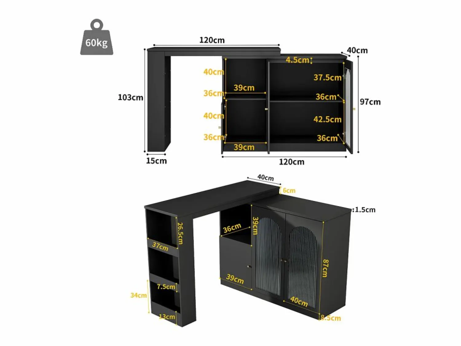Clearance Hauss Spole Mueble bar giratorio con 3 puertas, 2 de ellas de cristal, estantes abiertos incluidos, cuerpo - 120x40x103cm Negro
