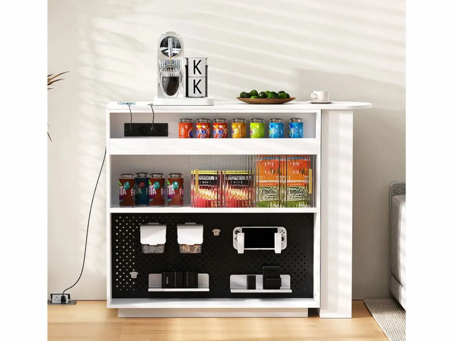 Hauss Spole Mueble bar giratorio con enchufes, iluminación LED y tablero perforado -
