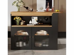 Discount Hauss Spole Mueble bar giratorio con iluminación LED y 2 puertas de cristal - y natural claro Negro