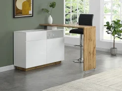 Vente-unique Mueble bar pivotante - 2 puertas 1 cajón 1 estante - MDF - Blanco lacado y roble - ELDIR