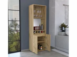 TuHome Mueble Bar Prana en melamina con 4 estantes , 2 puertas , 4 portabotellas y 6 portacopas , , 180 cm X 58.4 cm X 37 cm Beige