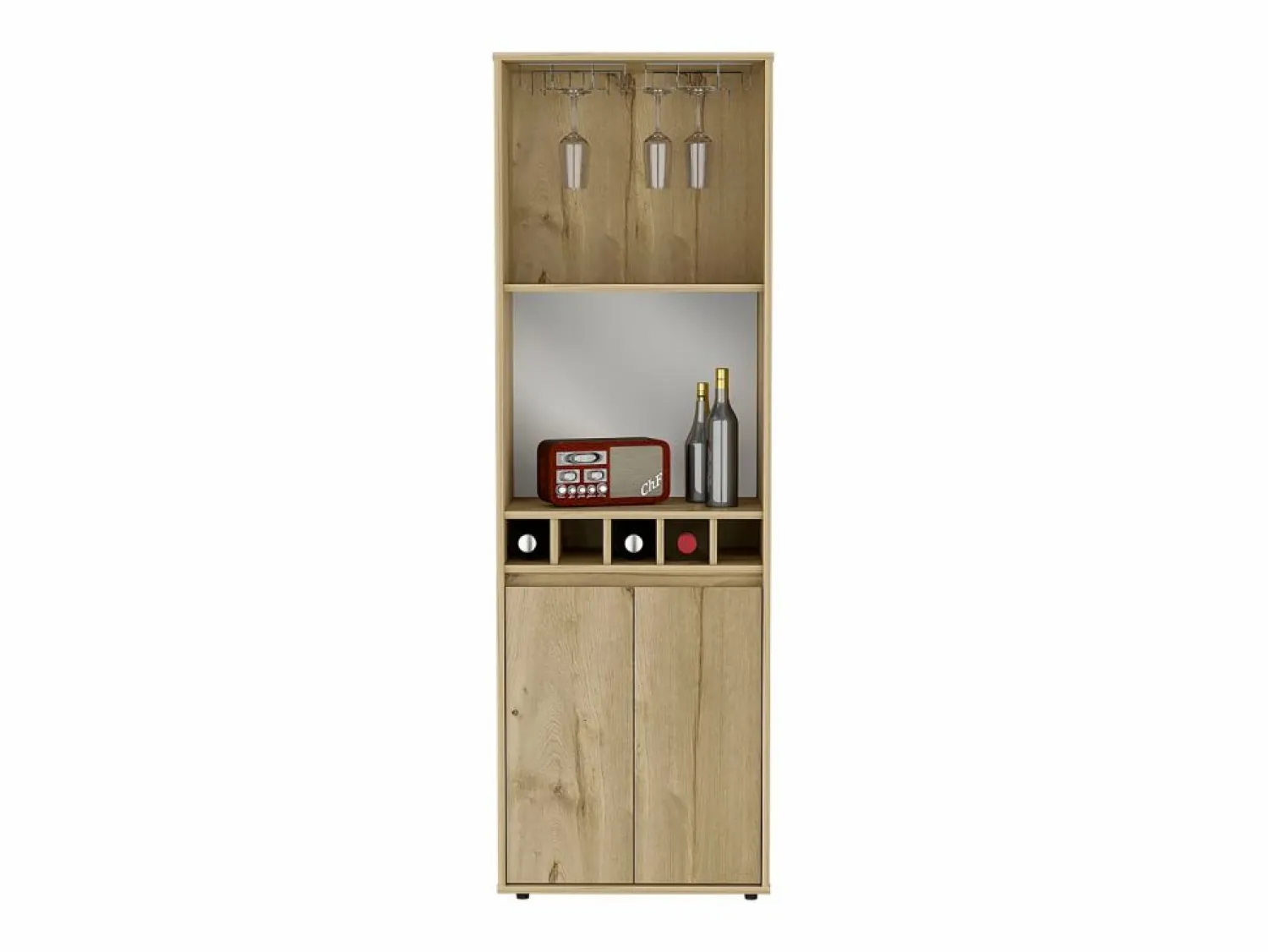 TuHome Mueble Bar Prana en melamina con 4 estantes , 2 puertas , 4 portabotellas y 6 portacopas , , 180 cm X 58.4 cm X 37 cm Beige