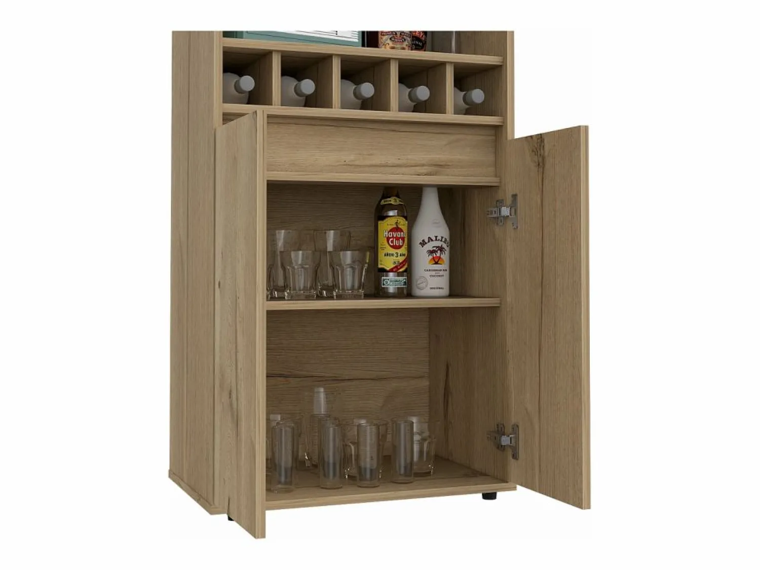 TuHome Mueble Bar Prana en melamina con 4 estantes , 2 puertas , 4 portabotellas y 6 portacopas , , 180 cm X 58.4 cm X 37 cm Beige