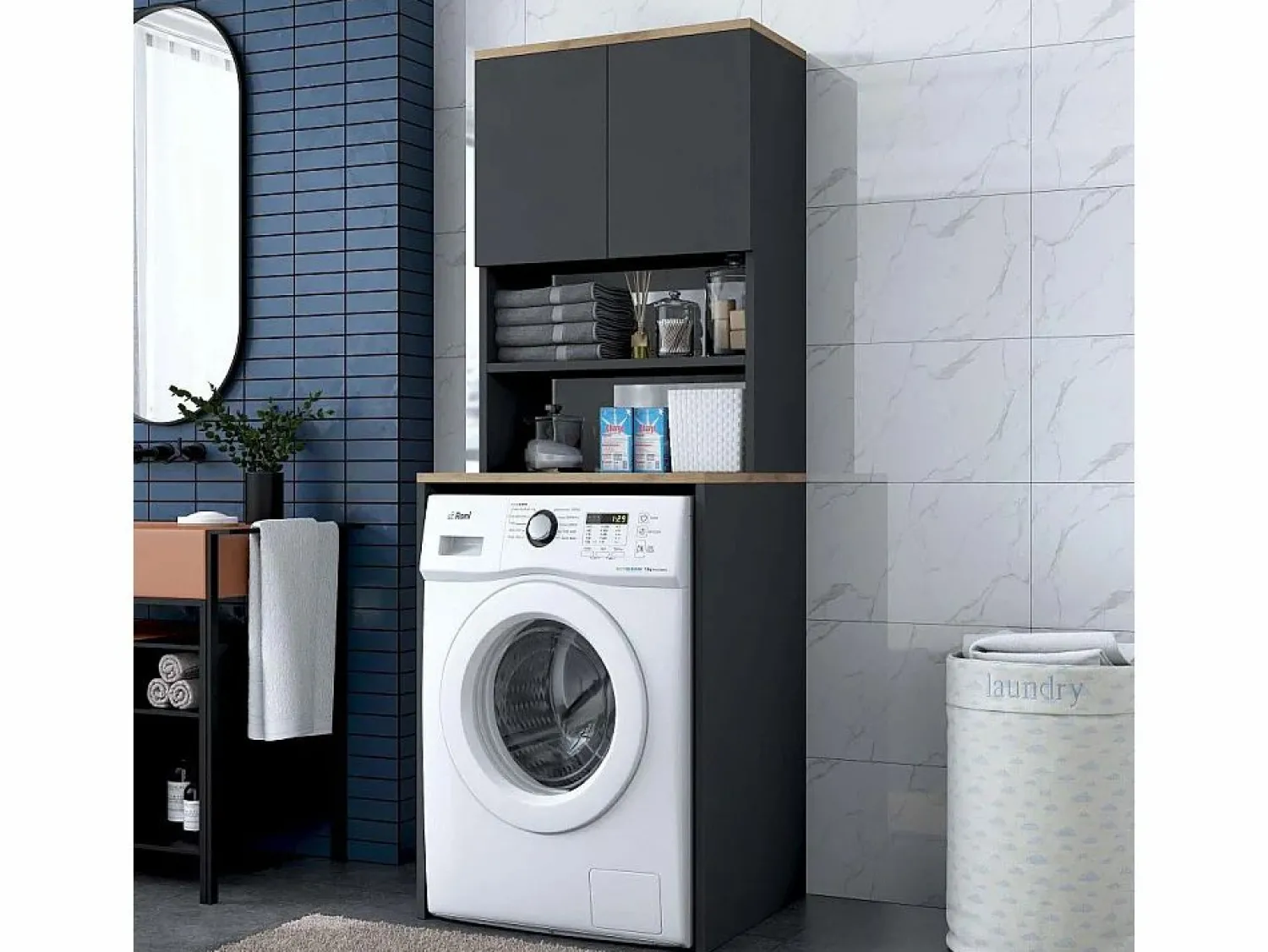 Hanah Home Mueble cubrelavadora compacto con armario y estantes KD101 - Negro