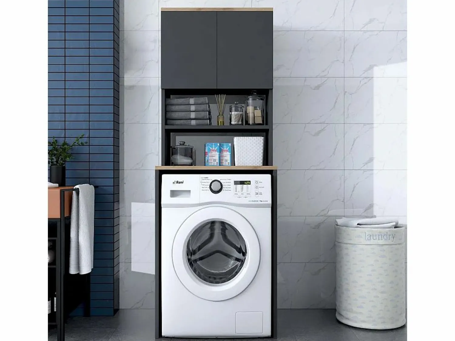 Hanah Home Mueble cubrelavadora compacto con armario y estantes KD101 - Negro