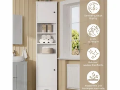 Clearance Merax Mueble de baño - 57,5 ​​x 28,5 x 160 cm - Con 2 puertas de cristal + 2 puertas de madera + 2 compartimentos abiertos Espacios - MDF - Gris Blanco