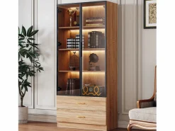 Online Hauss Spole Mueble de baño con 2 puertas de cristal y 2 cajones, LED incluido, cuerpo natural claro - 75x34,5x170cm Color natural claro