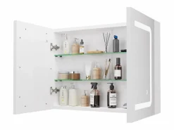 Mueble de baño con espejo LED, enchufe e interruptor con sensor - 80x13,5x60 cm