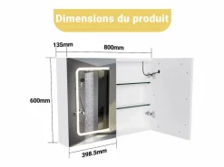 Mueble de baño con espejo LED, enchufe e interruptor con sensor - 80x13,5x60 cm