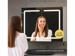Mueble de baño con espejo LED, enchufe e interruptor con sensor - 80x13,5x60 cm