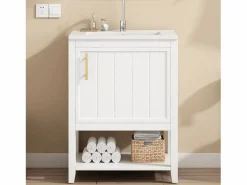 Merax Mueble de baño con lavabo simple - 1 estante abierto y 1 puerta - 61 x 47 x 87 cm - Madera MDF -