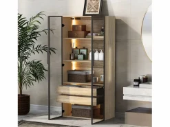 Merax Mueble de baño con LEDs - 74 x 36 x 155 cm - 2 cajones grandes y 2 puertas de cristal - Madera MDF - natural