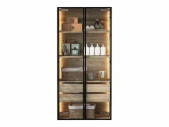 Merax Mueble de baño con LEDs - 74 x 36 x 155 cm - 2 cajones grandes y 2 puertas de cristal - Madera MDF - natural