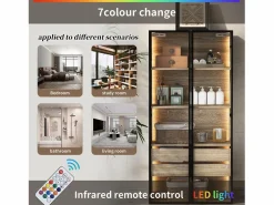 Merax Mueble de baño con LEDs - 74 x 36 x 155 cm - 2 cajones grandes y 2 puertas de cristal - Madera MDF - natural
