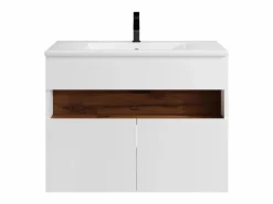 Clearance Vente-unique Mueble de baño con LEDs, lavabo empotrado, blanco y natural oscuro, 80 cm, POZEGA Color natural oscuro / Blanco