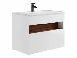 Clearance Vente-unique Mueble de baño con LEDs, lavabo empotrado, blanco y natural oscuro, 80 cm, POZEGA Color natural oscuro / Blanco