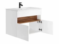 Clearance Vente-unique Mueble de baño con LEDs, lavabo empotrado, blanco y natural oscuro, 80 cm, POZEGA Color natural oscuro / Blanco