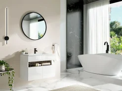 Outlet Mueble de baño con luces LED - Blanco y negro efecto mármol - Ancho 80 cm - POZEGA Mueble De Lavabo
