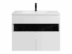 Online Mueble de baño con luces LED, lavabo empotrable, blanco y negro mármol, 80 cm, POZEGA Mueble De Baño Simple