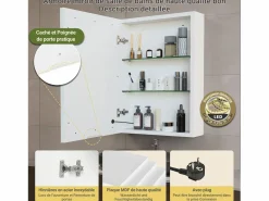 Outlet Mueble de baño de pared con espejo, LED, estante regulable - 70x15x60 cm Blanco