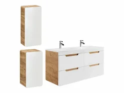 Vente-unique Mueble de baño doble lavabo color natural y blanco con columnas, L120 cm, ARUBA