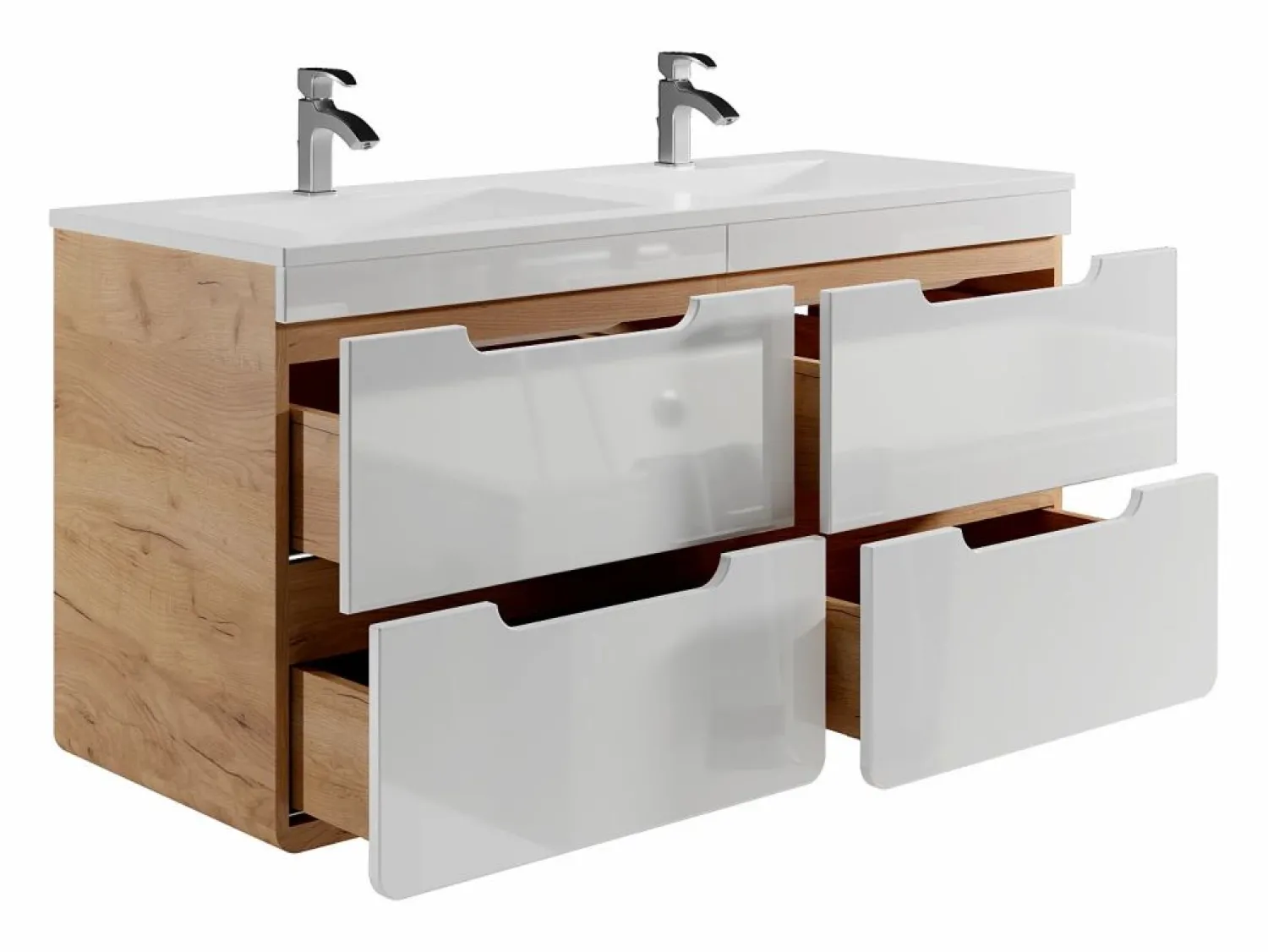 Vente-unique Mueble de baño doble lavabo color natural y blanco con columnas, L120 cm, ARUBA