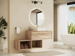 Vente-unique Mueble de baño en tono natural claro con lavabo redondo, 1 cajón y 2 estantes, TEANA
