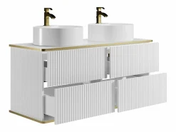 Vente-unique Mueble de baño estriado con ribete dorado, doble lavabo para colocar, 120 cm, KELIZA Blanco