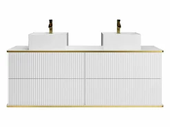 Vente-unique Mueble de baño estriado con ribete dorado, dos lavabos, 150 cm, KELIZA