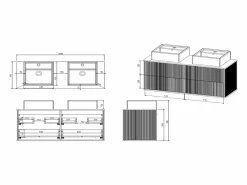 Vente-unique Mueble de baño estriado con ribete dorado, doble lavabo sobre encimera, 120 cm, KELIZA