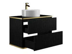 Best Vente-unique Mueble de baño estriado con ribete dorado y lavabo redondo, , 80 cm, KELIZA Negro