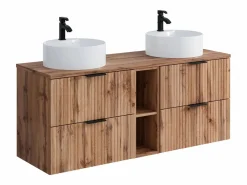 Vente-unique Mueble de baño estriado natural claro con estantes y lavabo redondo, 140 cm, ZEVARA