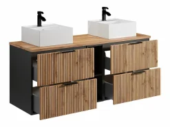 Clearance Vente-unique Mueble de baño estriado natural claro con estantes y lavabo cuadrado sobre encimera, 140 cm, MADELA Negro / Color natural claro