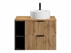 Best Vente-unique Mueble de baño estriado natural claro con estantes y lavabo, 80 cm, MADELA Negro / Color natural claro