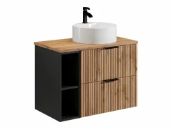 Best Vente-unique Mueble de baño estriado natural claro con estantes y lavabo, 80 cm, MADELA Negro / Color natural claro
