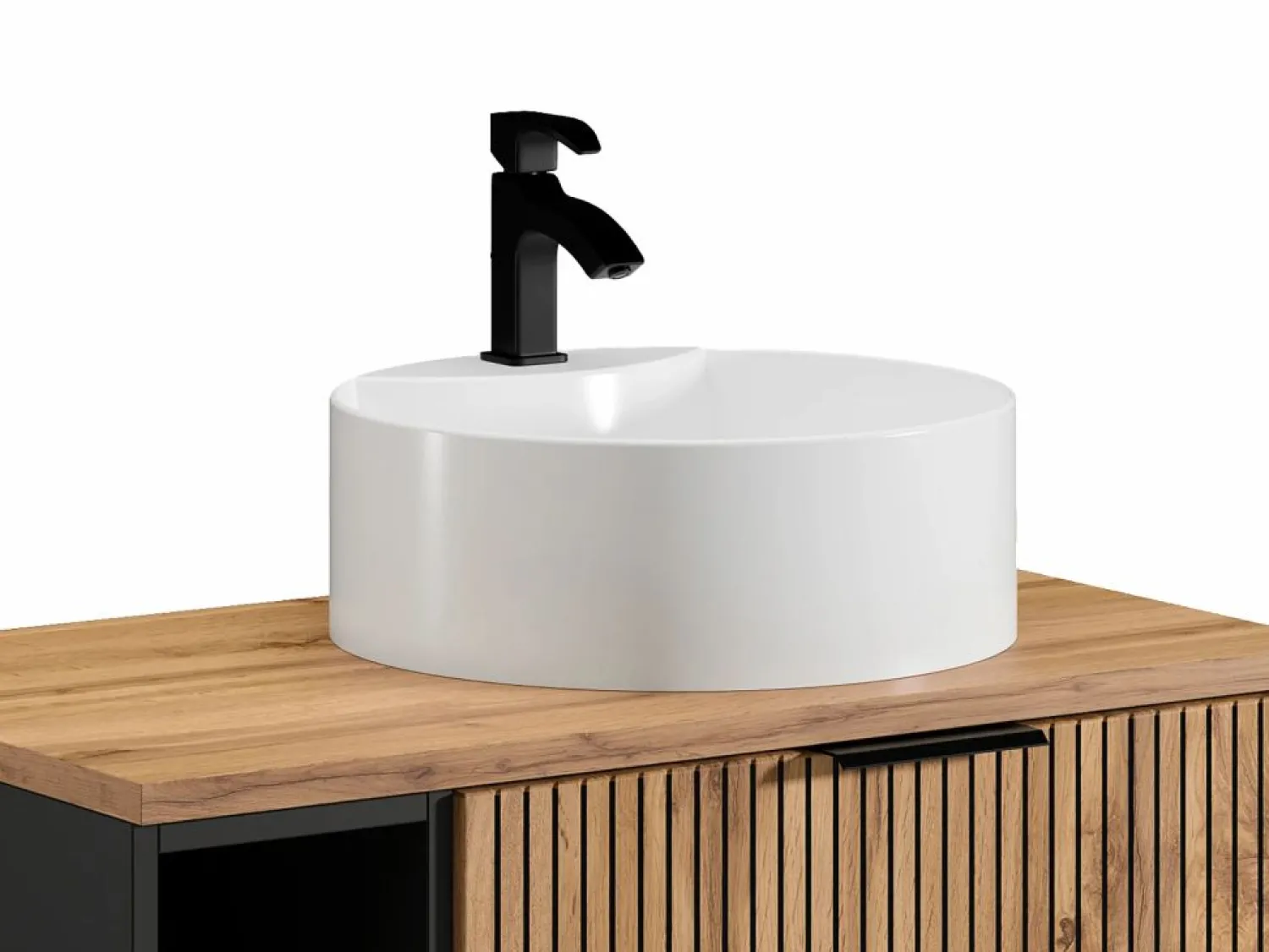 Best Vente-unique Mueble de baño estriado natural claro con estantes y lavabo, 80 cm, MADELA Negro / Color natural claro