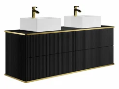 Vente-unique Mueble de baño estriado con ribete dorado, doble lavabo, 150 cm - KELIZA