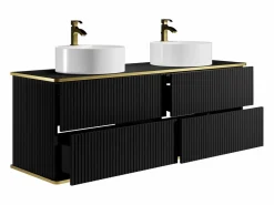 Vente-unique Mueble de baño estriado con ribete dorado, doble lavabo, 150 cm - KELIZA